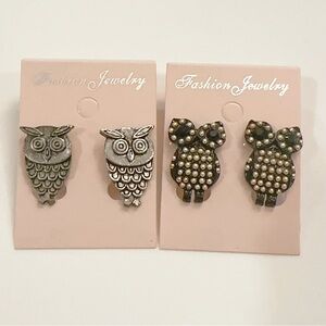 Korean 2 Pairs Bundle Vintage Owl Stud Earrings Metal/Pearls/Dark Rhinestones
